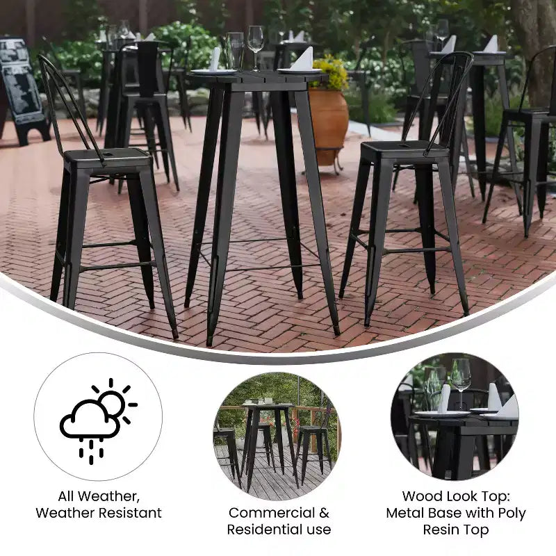 Tavolo alto da bar Merrick Lane per interni/esterni, top rotondo in poliresina per tutte le stagioni da 23,75" con base in acciaio