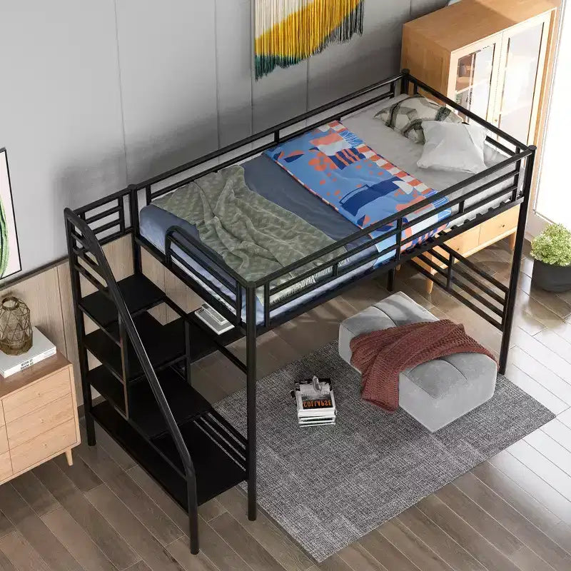 Letto a soppalco singolo in metallo con scrivania, nero - ModernLuxe
