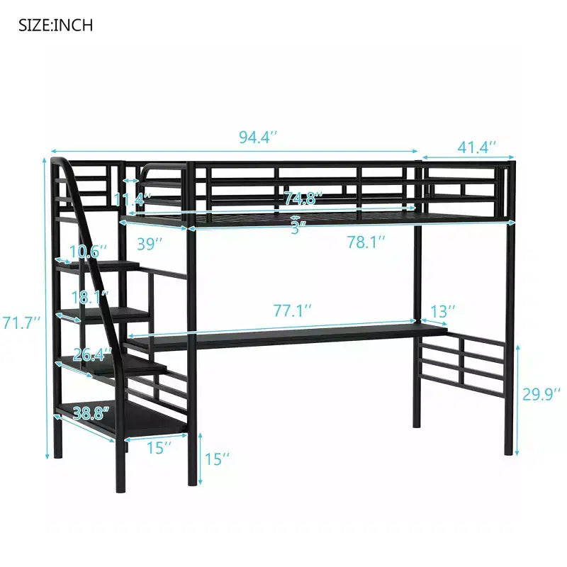 Letto a soppalco singolo in metallo con scrivania, nero - ModernLuxe