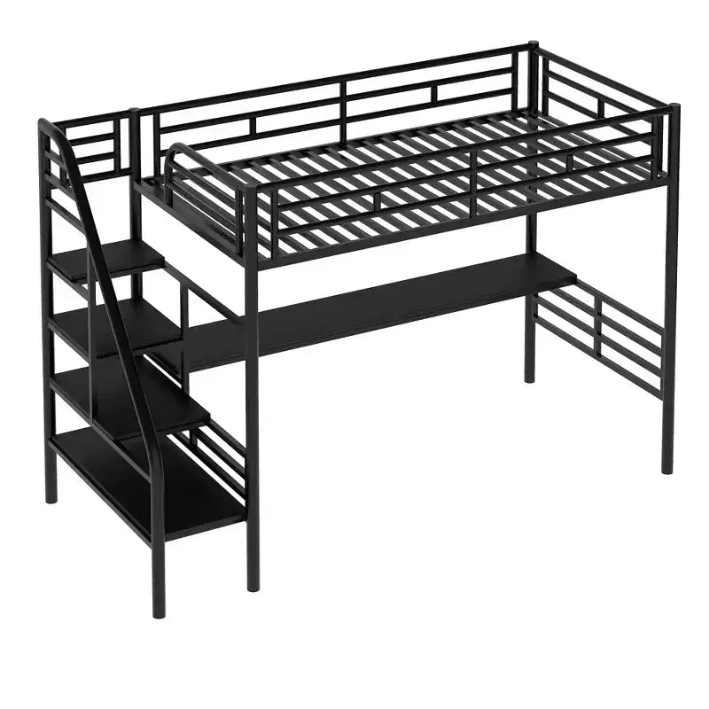 Letto a soppalco singolo in metallo con scrivania, nero - ModernLuxe