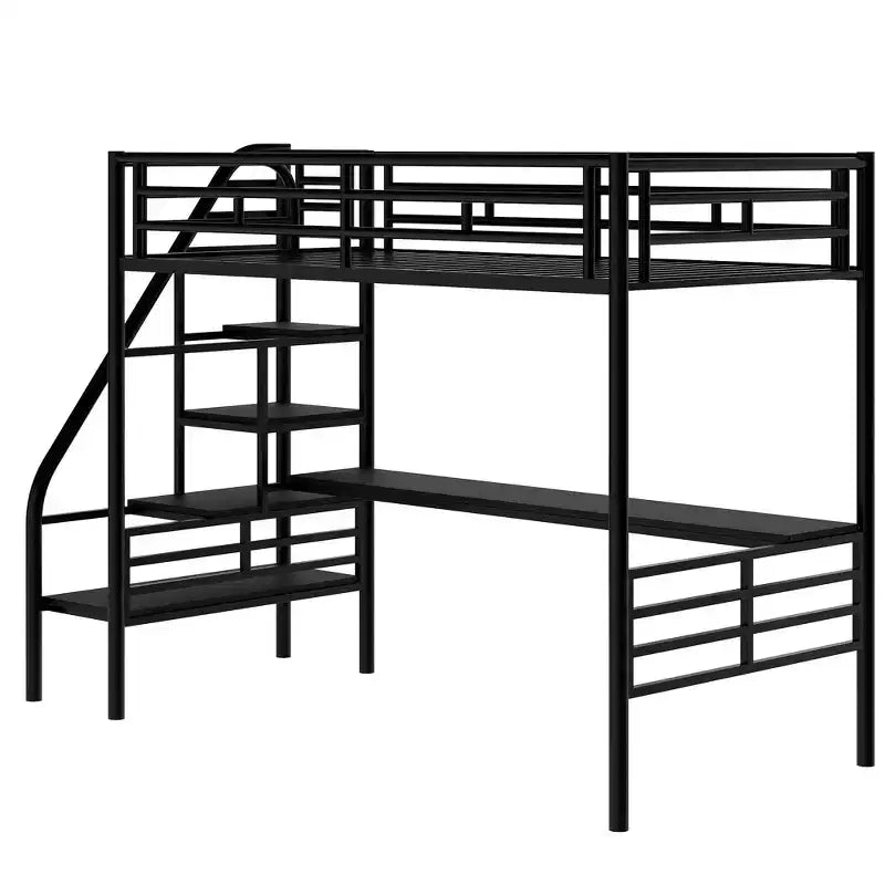 Letto a soppalco singolo in metallo con scrivania, nero - ModernLuxe