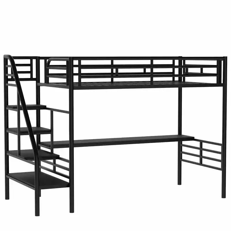 Letto a soppalco singolo in metallo con scrivania, nero - ModernLuxe