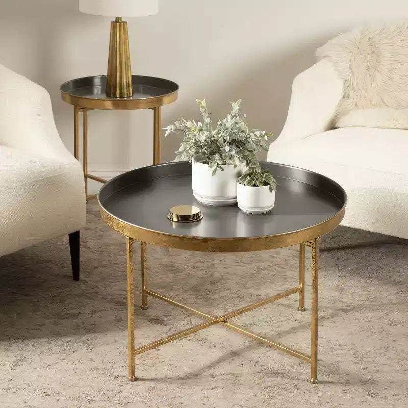 Tavolino rotondo in metallo Kate and Laurel Celia, 28,25x28,25x19, grigio e oro