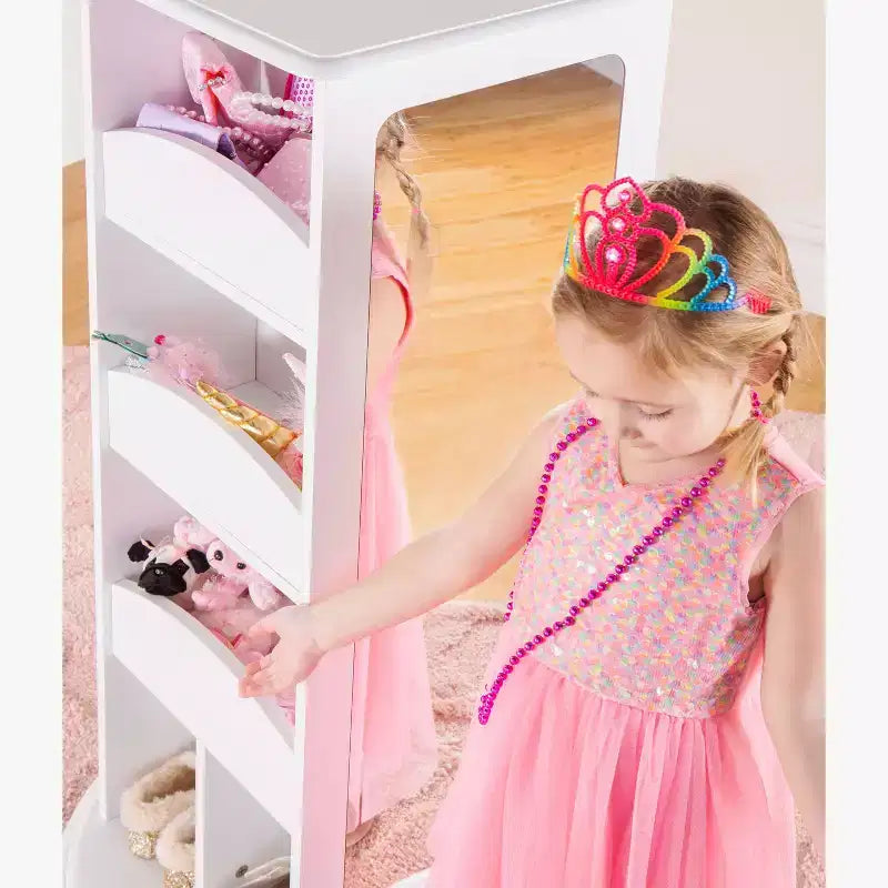 Guidecraft Centro di stoccaggio girevole per vestiti per bambini: stendino, organizzatore per armadietto per sala giochi e camera da letto con specchi e ripiani