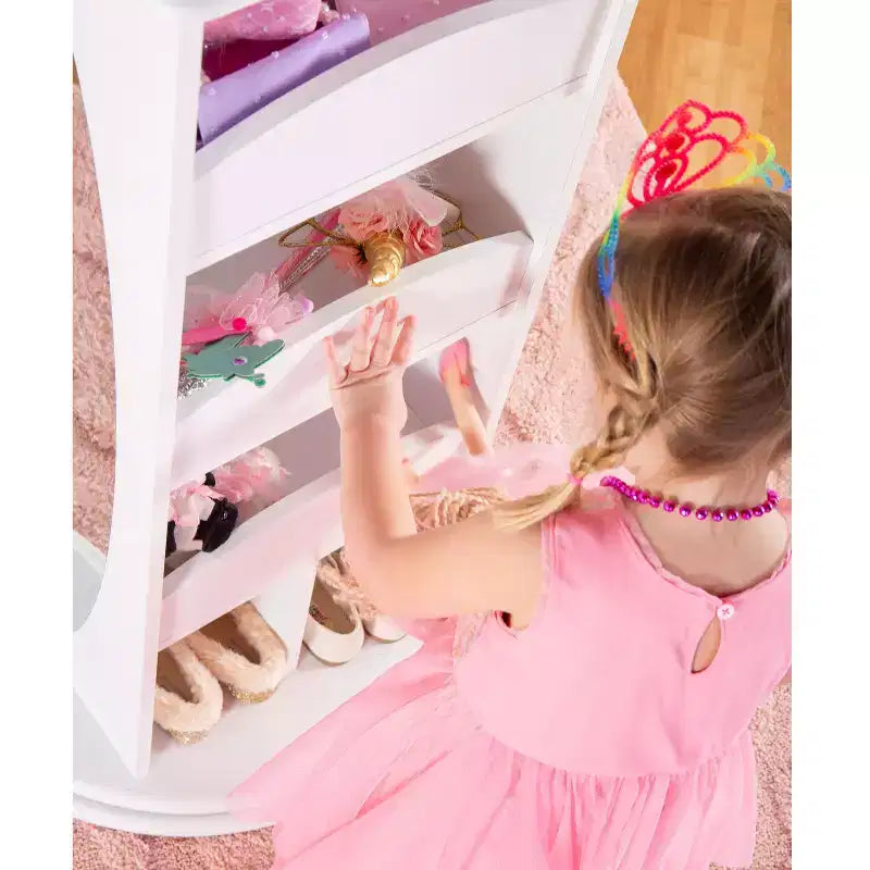 Guidecraft Centro di stoccaggio girevole per vestiti per bambini: stendino, organizzatore per armadietto per sala giochi e camera da letto con specchi e ripiani