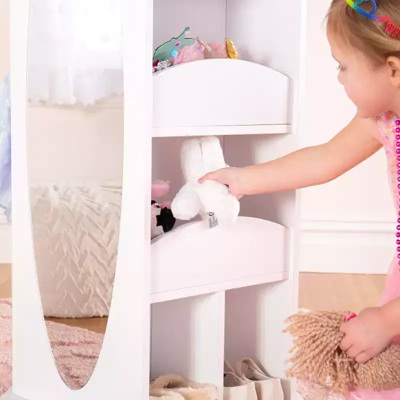 Guidecraft Centro di stoccaggio girevole per vestiti per bambini: stendino, organizzatore per armadietto per sala giochi e camera da letto con specchi e ripiani