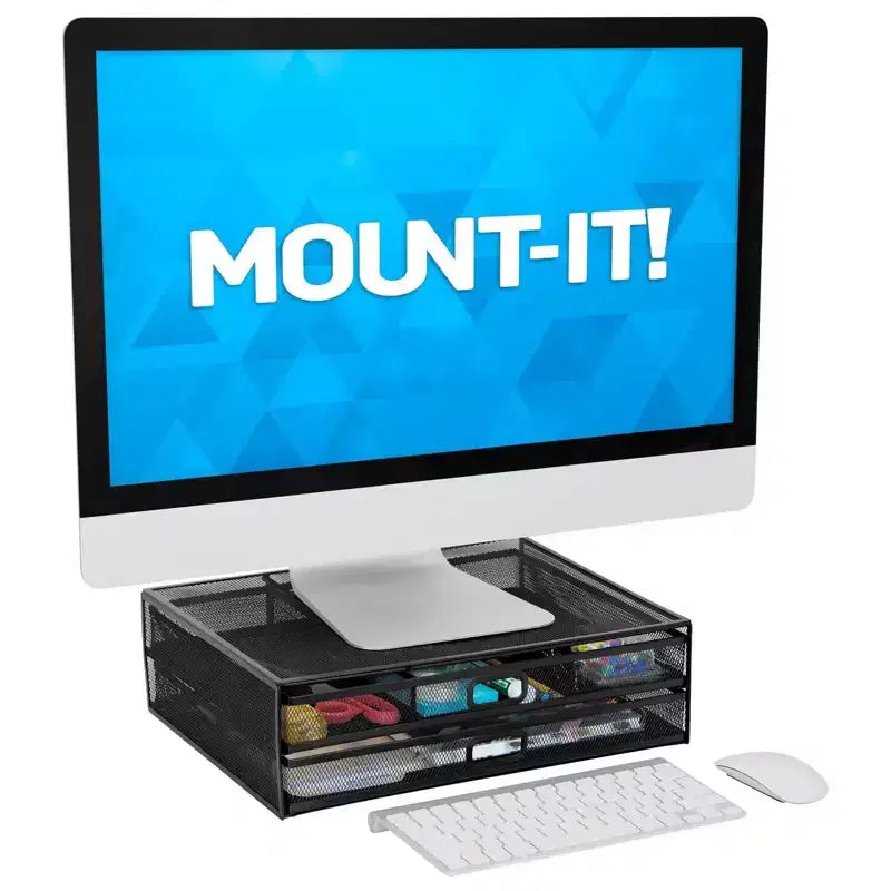 Mount-It! Supporto per monitor da computer con cassetti, Rialzo e organizer in rete metallica per laptop e computer, organizer da scrivania con due cassetti estraibili