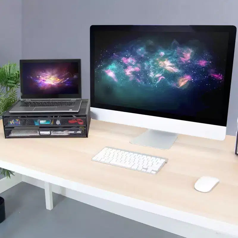 Mount-It! Supporto per monitor da computer con cassetti, Rialzo e organizer in rete metallica per laptop e computer, organizer da scrivania con due cassetti estraibili