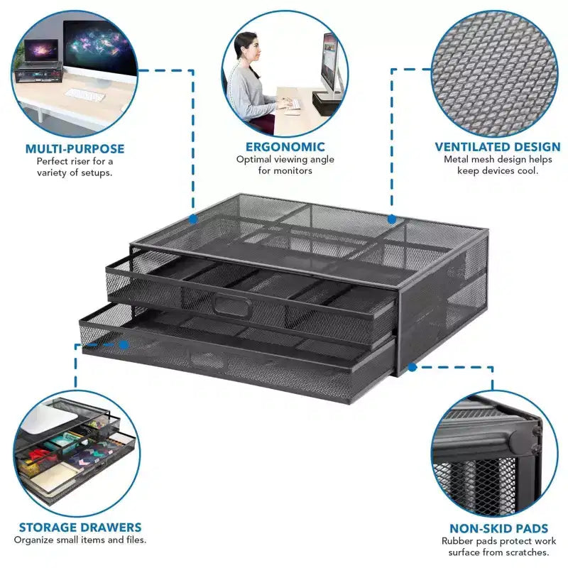 Mount-It! Supporto per monitor da computer con cassetti, Rialzo e organizer in rete metallica per laptop e computer, organizer da scrivania con due cassetti estraibili