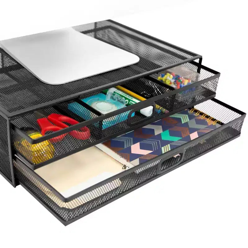 Mount-It! Supporto per monitor da computer con cassetti, Rialzo e organizer in rete metallica per laptop e computer, organizer da scrivania con due cassetti estraibili