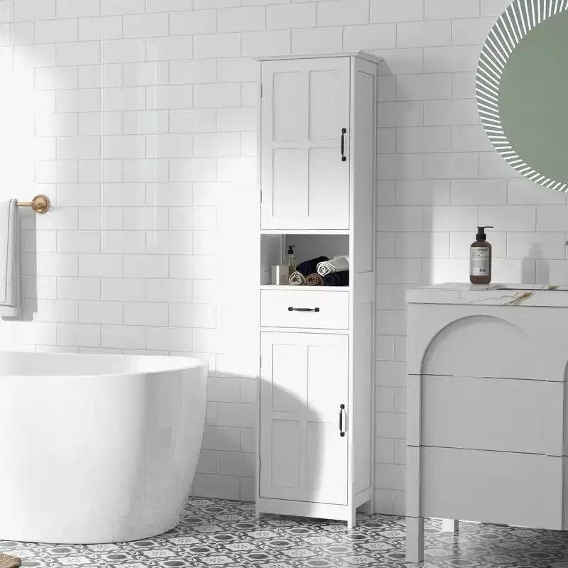 kleankin Mobile Bagno Alto Salvaspazio, Colonna da Bagno con Ripiano Aperto, Cassetto, Ante con Pannello Incassato e Ripiani Regolabili, Bianco
