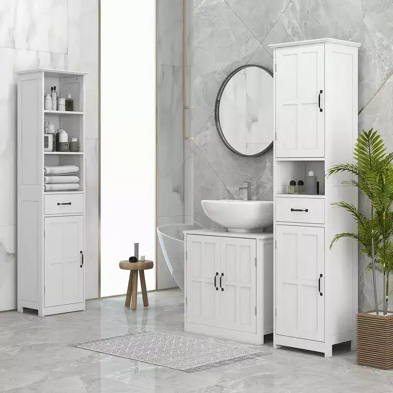 kleankin Mobile Bagno Alto Salvaspazio, Colonna da Bagno con Ripiano Aperto, Cassetto, Ante con Pannello Incassato e Ripiani Regolabili, Bianco