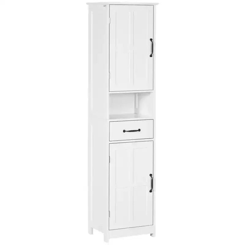 kleankin Mobile Bagno Alto Salvaspazio, Colonna da Bagno con Ripiano Aperto, Cassetto, Ante con Pannello Incassato e Ripiani Regolabili, Bianco