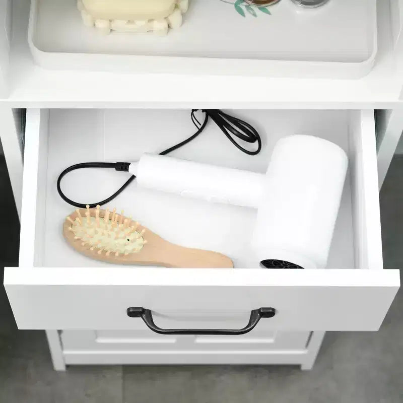 kleankin Mobile Bagno Alto Salvaspazio, Colonna da Bagno con Ripiano Aperto, Cassetto, Ante con Pannello Incassato e Ripiani Regolabili, Bianco