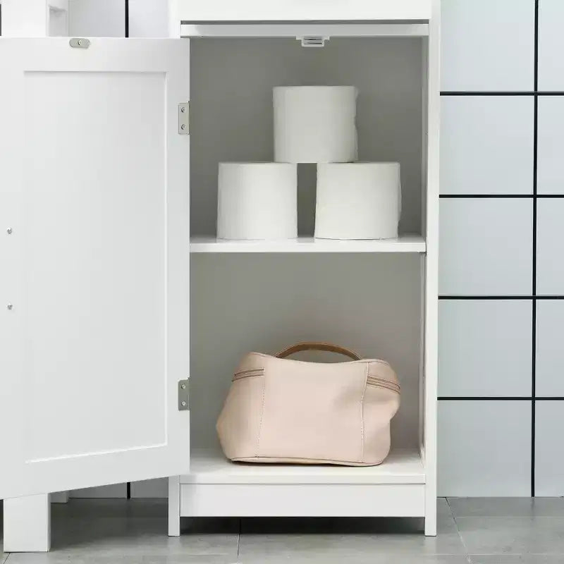 kleankin Mobile Bagno Alto Salvaspazio, Colonna da Bagno con Ripiano Aperto, Cassetto, Ante con Pannello Incassato e Ripiani Regolabili, Bianco