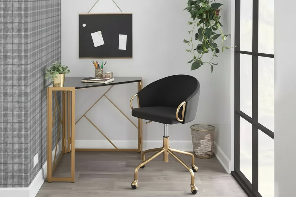 Sedia da ufficio in velluto nero/crema/argento, girevole, a seduta singola