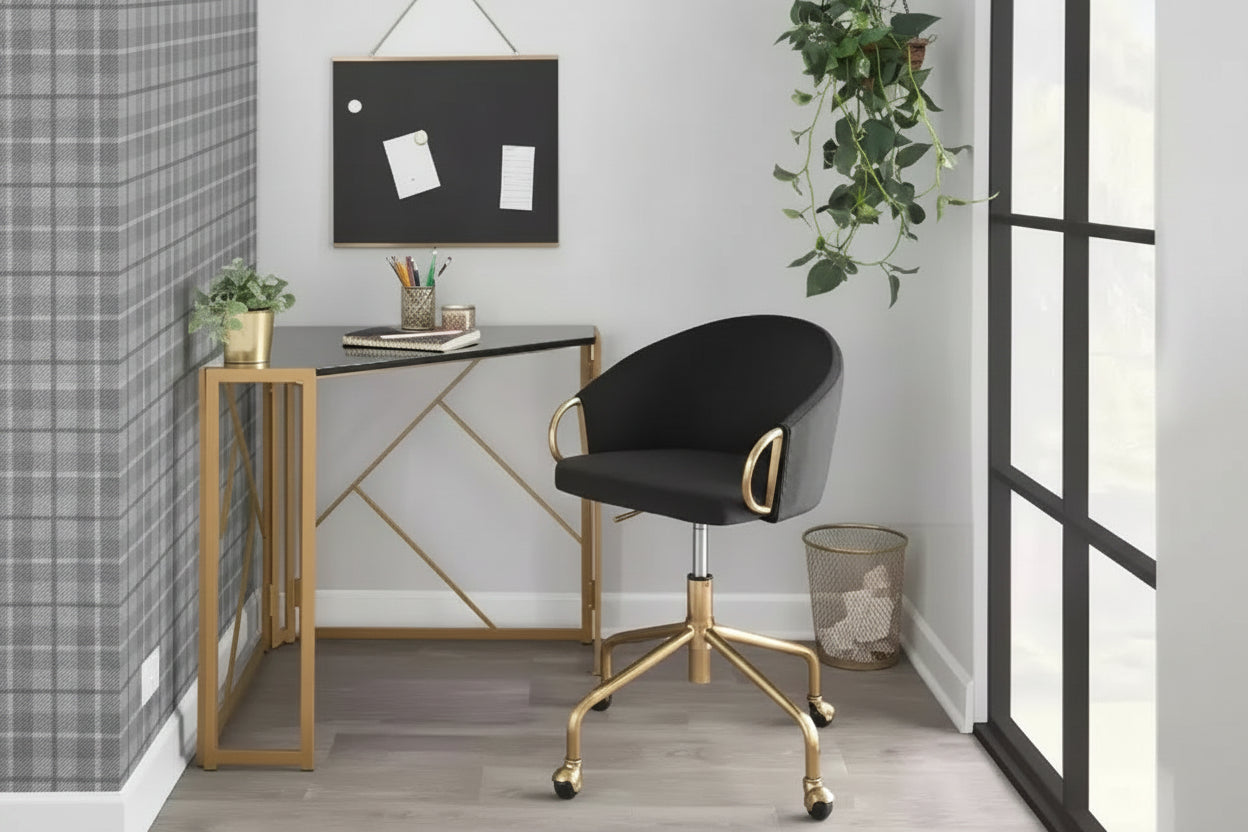 Sedia da ufficio in velluto nero/crema/argento, girevole, a seduta singola