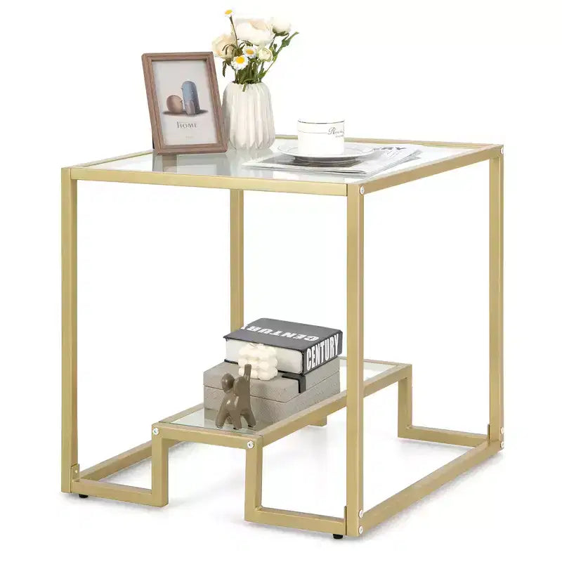 Costway Tavolino da Divano 22" a 2 Livelli con Struttura Quadrata in Metallo per Soggiorno Camera da Letto Bronzo