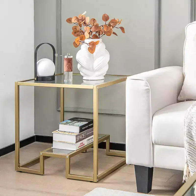 Costway Tavolino da Divano 22" a 2 Livelli con Struttura Quadrata in Metallo per Soggiorno Camera da Letto Bronzo