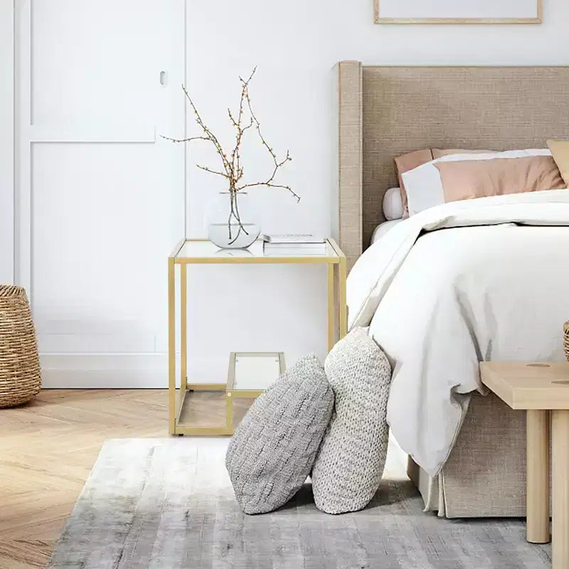 Costway Tavolino da Divano 22" a 2 Livelli con Struttura Quadrata in Metallo per Soggiorno Camera da Letto Bronzo