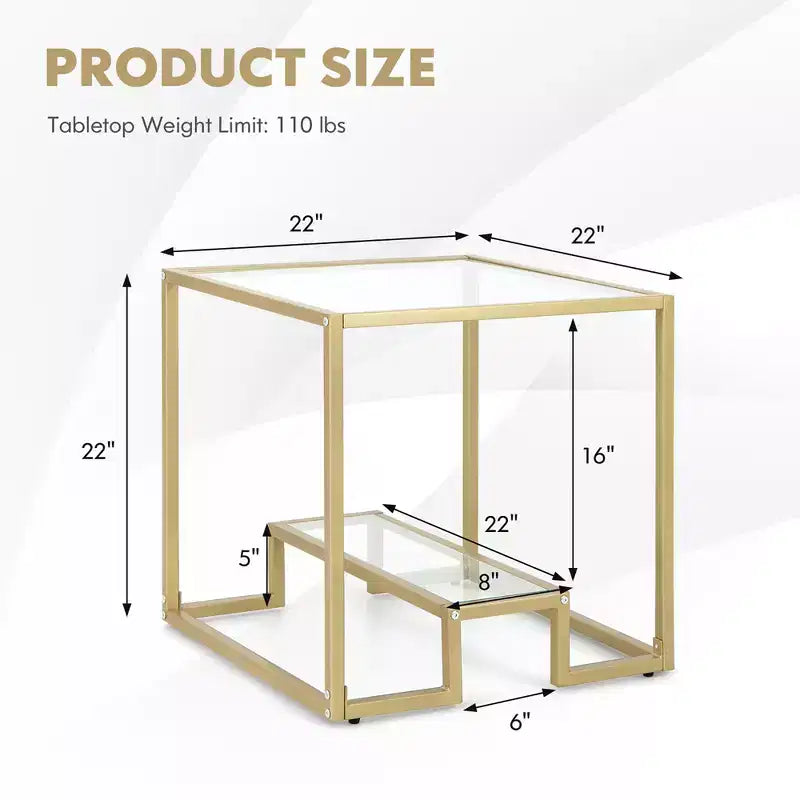 Costway Tavolino da Divano 22" a 2 Livelli con Struttura Quadrata in Metallo per Soggiorno Camera da Letto Bronzo