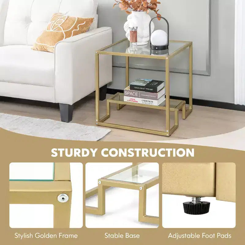 Costway Tavolino da Divano 22" a 2 Livelli con Struttura Quadrata in Metallo per Soggiorno Camera da Letto Bronzo
