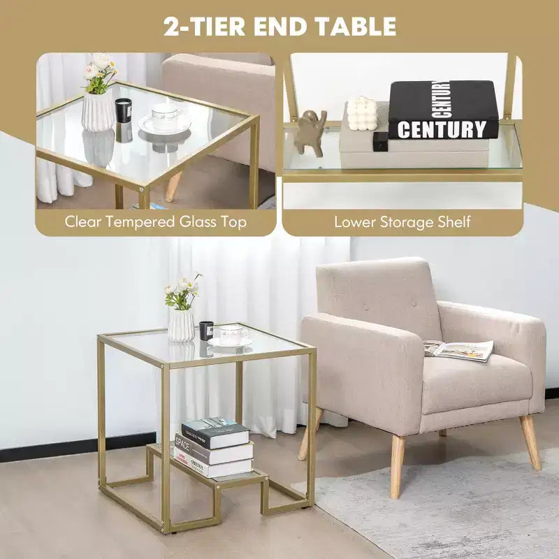 Costway Tavolino da Divano 22" a 2 Livelli con Struttura Quadrata in Metallo per Soggiorno Camera da Letto Bronzo