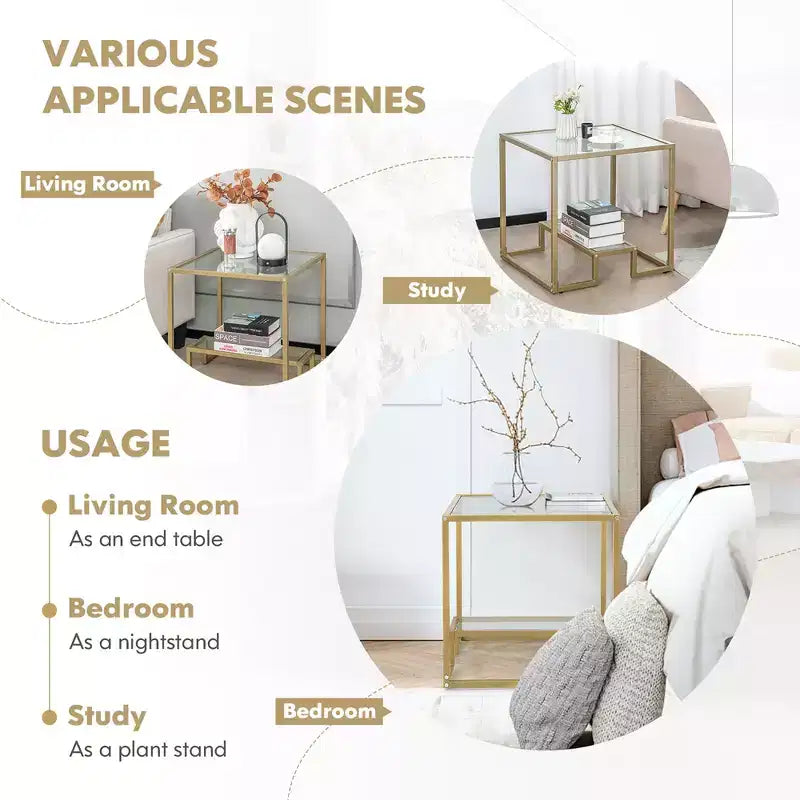 Costway Tavolino da Divano 22" a 2 Livelli con Struttura Quadrata in Metallo per Soggiorno Camera da Letto Bronzo