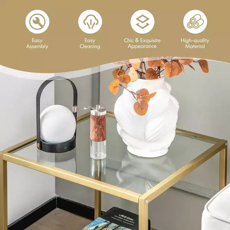 Costway Tavolino da Divano 22" a 2 Livelli con Struttura Quadrata in Metallo per Soggiorno Camera da Letto Bronzo