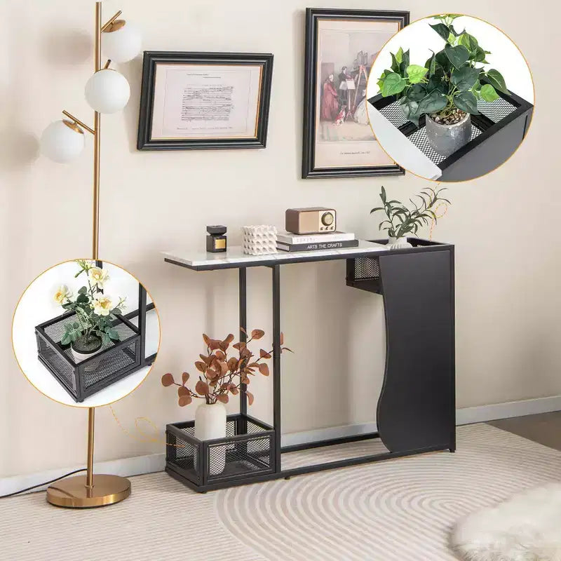 Costway 43.5'' Tavolo Consolle con Piano Effetto Marmo e 2 Vani Contenitore Ingresso Corridoio