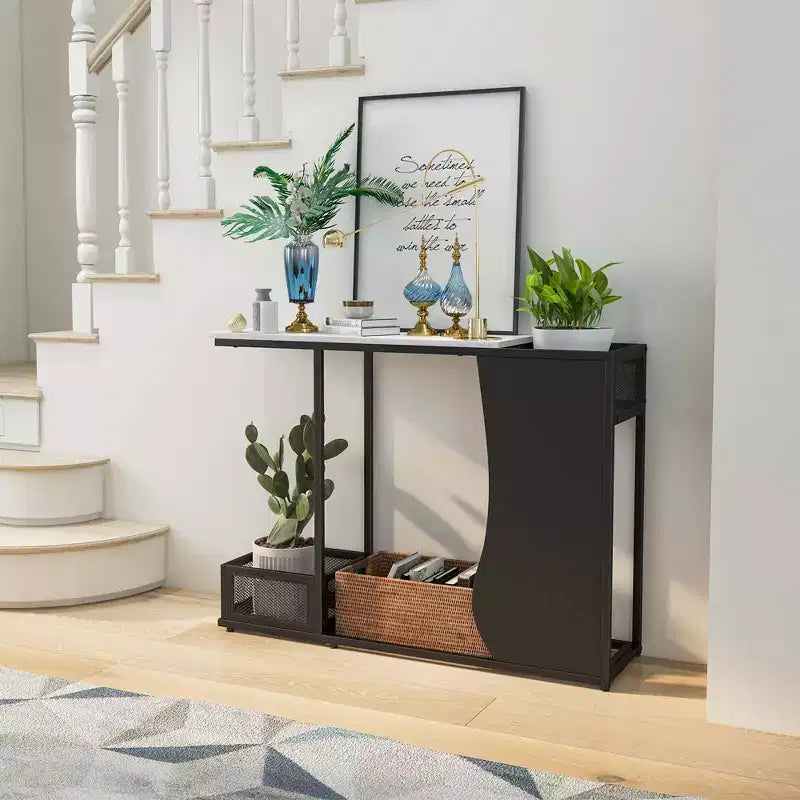 Costway 43.5'' Tavolo Consolle con Piano Effetto Marmo e 2 Vani Contenitore Ingresso Corridoio