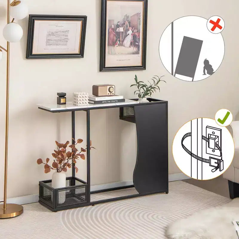 Costway 43.5'' Tavolo Consolle con Piano Effetto Marmo e 2 Vani Contenitore Ingresso Corridoio