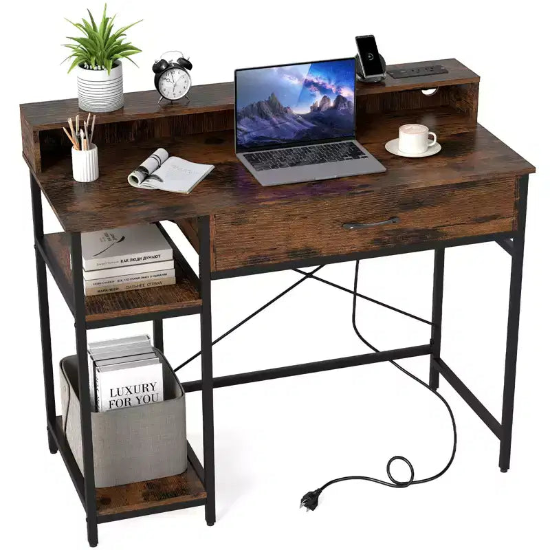 Scrivania per Computer Costway da 42 pollici con Cassetto e Scaffale a 2 livelli Scrivania da Scrittura e Gaming con Scaffale Superiore per Ufficio Domestico