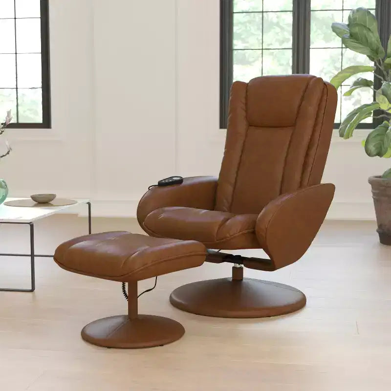 Poltrona reclinabile Flash Furniture Poppy Massaging Multi-Position Plush con tasca laterale e poggiapiedi in similpelle marrone LeatherSoft