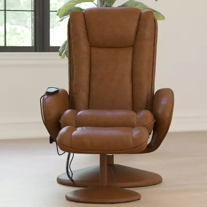 Poltrona reclinabile Flash Furniture Poppy Massaging Multi-Position Plush con tasca laterale e poggiapiedi in similpelle marrone LeatherSoft