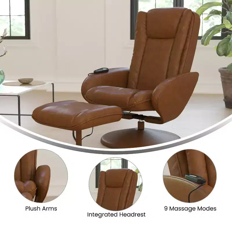 Poltrona reclinabile Flash Furniture Poppy Massaging Multi-Position Plush con tasca laterale e poggiapiedi in similpelle marrone LeatherSoft
