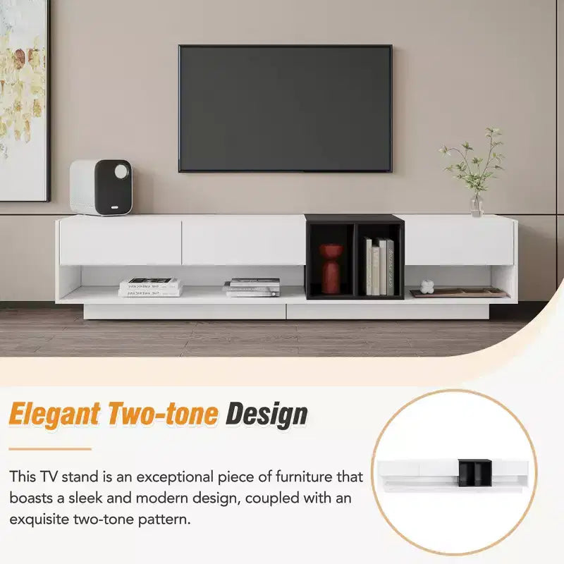 74.8 Mobile TV elegante per TV fino a 80 pollici, consolle multimediale bicolore con scomparto multifunzionale - ModernLuxe