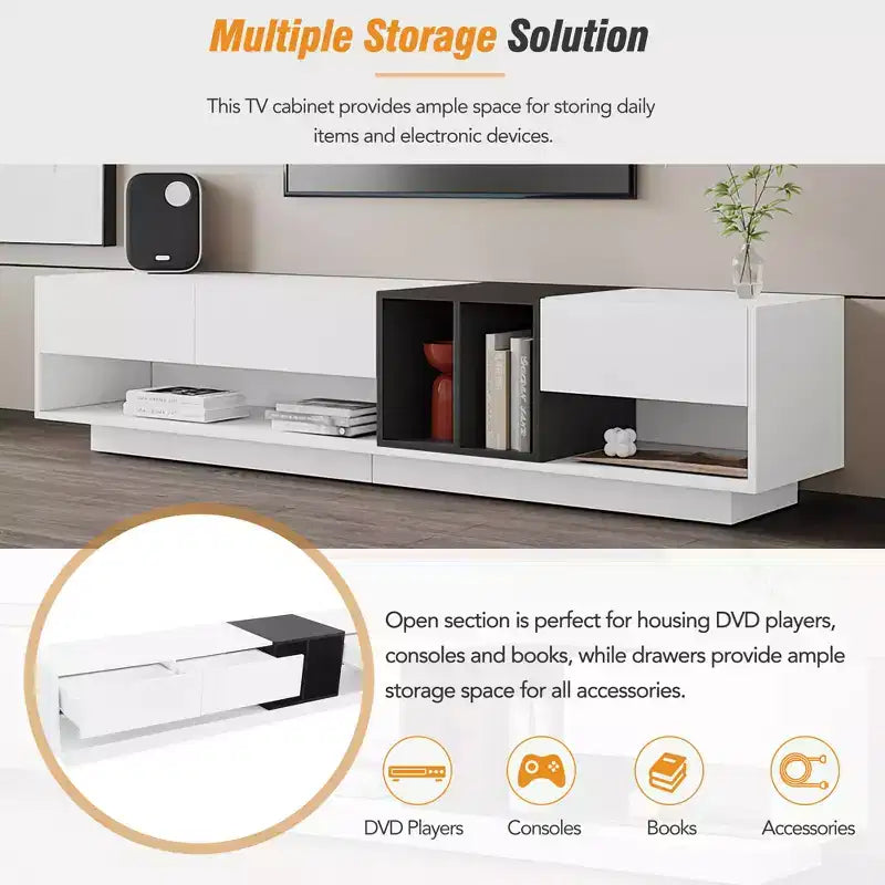 74.8 Mobile TV elegante per TV fino a 80 pollici, consolle multimediale bicolore con scomparto multifunzionale - ModernLuxe