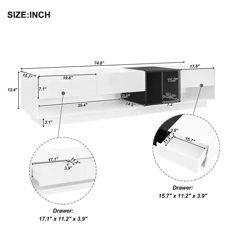 74.8 Mobile TV elegante per TV fino a 80 pollici, consolle multimediale bicolore con scomparto multifunzionale - ModernLuxe