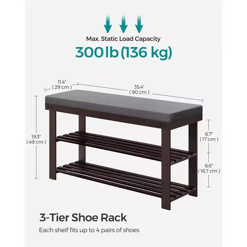 Panca scarpiera in bambù, scarpiera a 3 livelli stabile, organizer per scarpe da ingresso, 29 x 90 x 49 cm