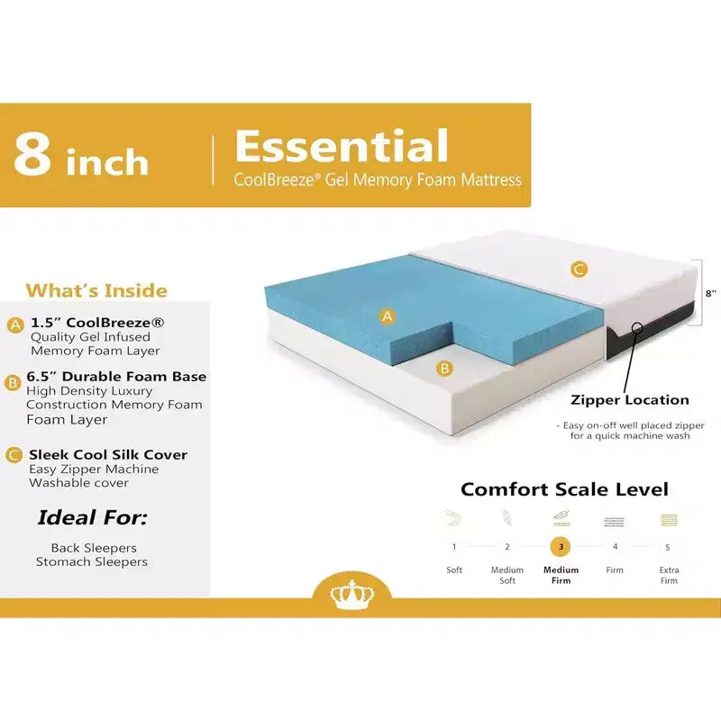 Materasso in memory foam con gel Dynaste Mattress CoolBreeze da 8 pollici per camper e roulotte, RV Queen