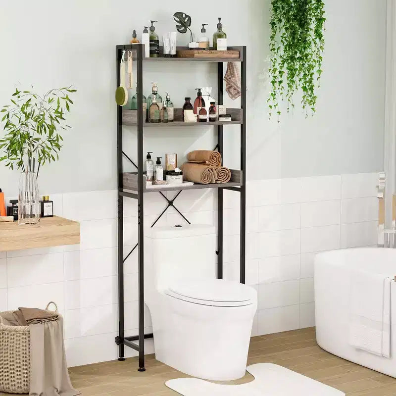 Scaffale da Bagno Costway a 3 Ripiani Sopra il WC, Struttura in Metallo Salvaspazio con 4 Ganci