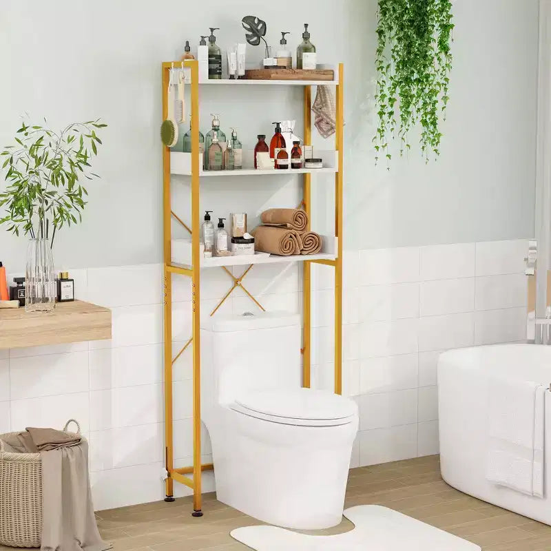 Scaffale da Bagno Costway a 3 Ripiani Sopra il WC, Struttura in Metallo Salvaspazio con 4 Ganci