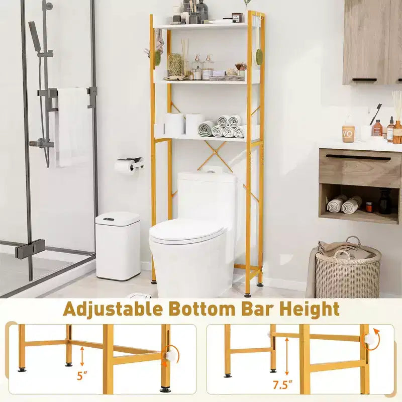 Scaffale da Bagno Costway a 3 Ripiani Sopra il WC, Struttura in Metallo Salvaspazio con 4 Ganci