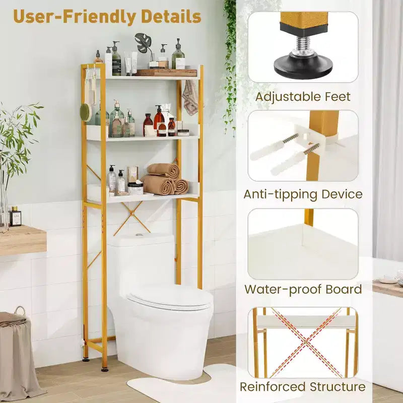 Scaffale da Bagno Costway a 3 Ripiani Sopra il WC, Struttura in Metallo Salvaspazio con 4 Ganci