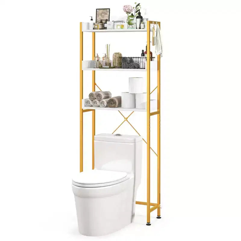 Scaffale da Bagno Costway a 3 Ripiani Sopra il WC, Struttura in Metallo Salvaspazio con 4 Ganci