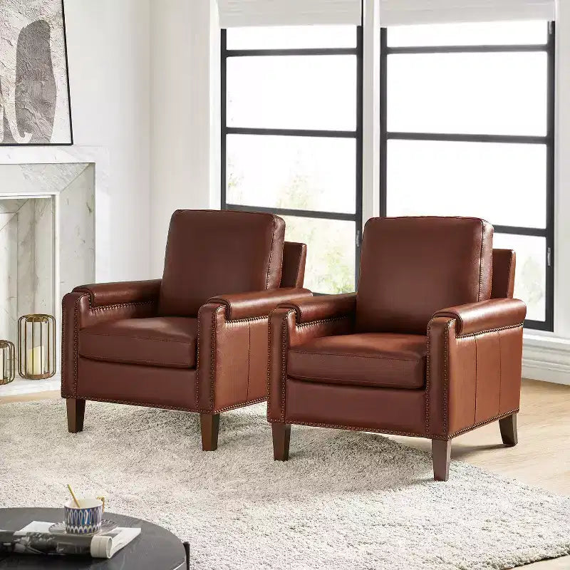 Poltrone in vera pelle Hellmuth (set da 2) con cuscino rimovibile e borchie decorative | HULALA HOME