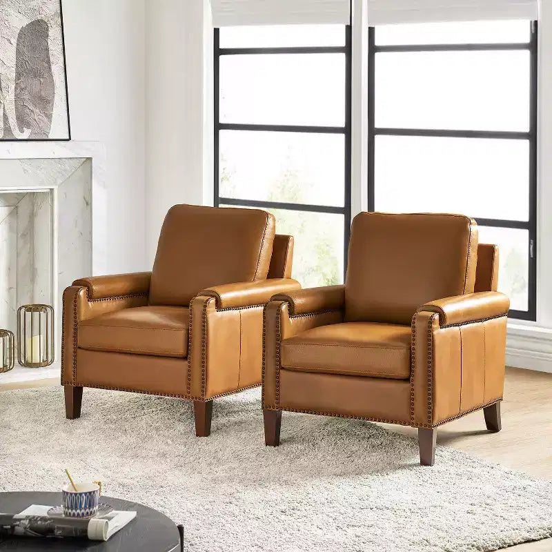 Poltrone in vera pelle Hellmuth (set da 2) con cuscino rimovibile e borchie decorative | HULALA HOME