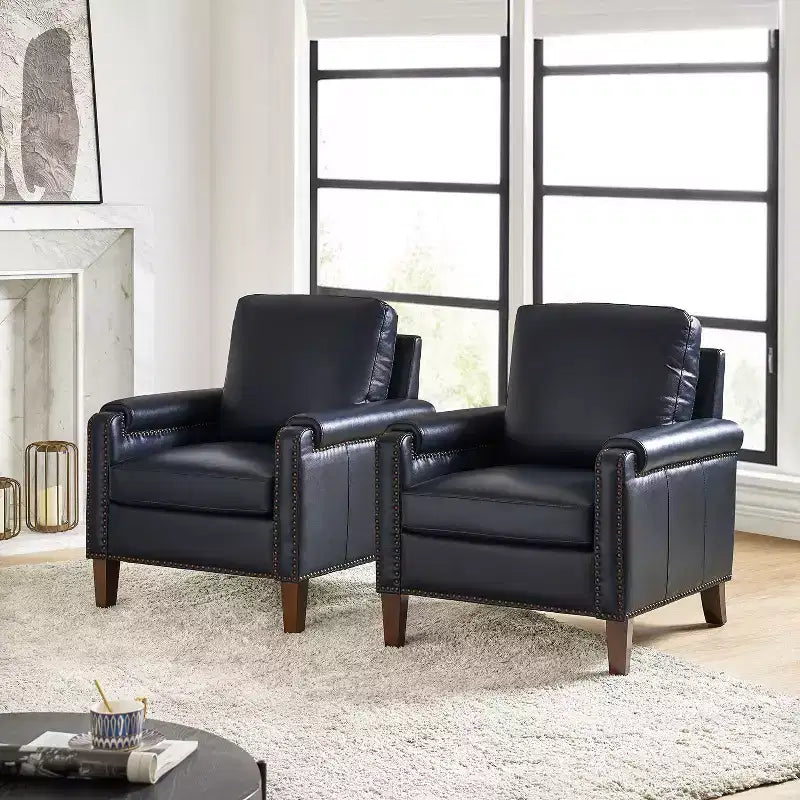 Poltrone in vera pelle Hellmuth (set da 2) con cuscino rimovibile e borchie decorative | HULALA HOME