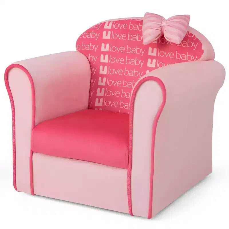Divano per bambini Costway, simpatico fiocco rosa, divanetto per bambini, poltrona imbottita, legno massello